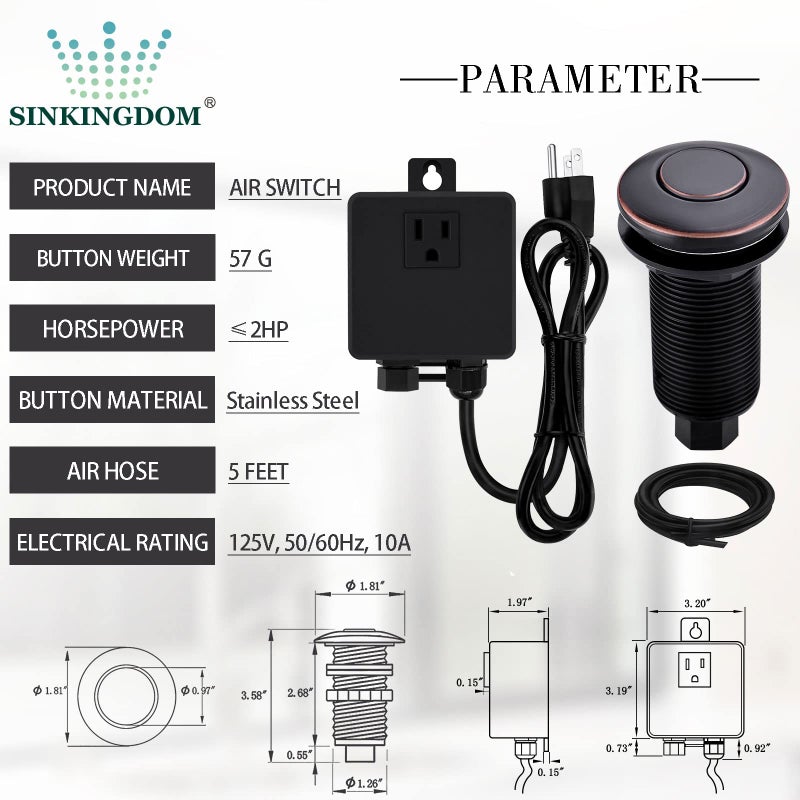SINKINGDOM Garbage Disposal SinkTop Air Switch Kit with Long Button,Brass Made Cover,Oil Rubbed Bronze - Image 2